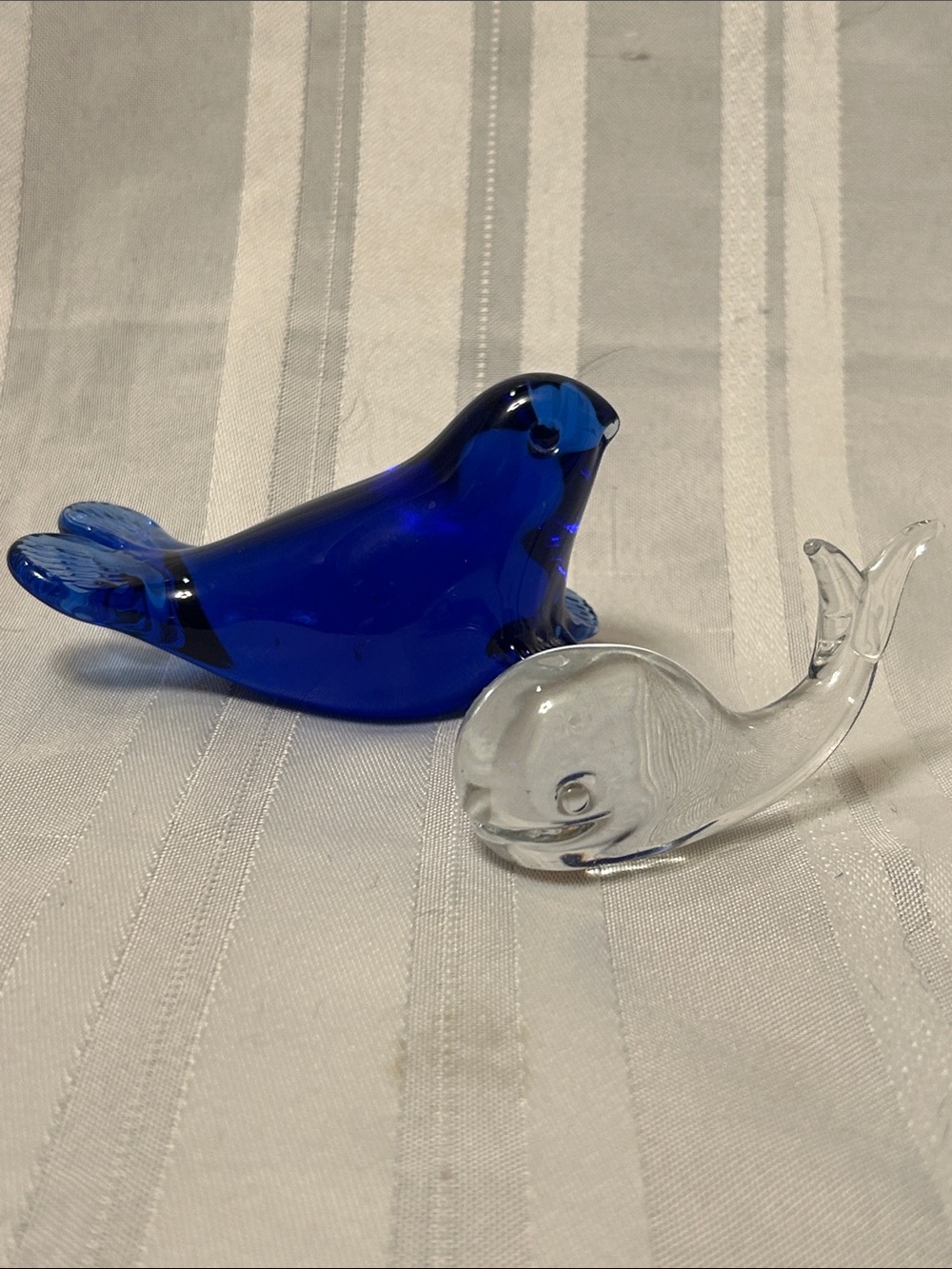 Blue Glass Seal & a Clear Glass Whale Decorative Figurines